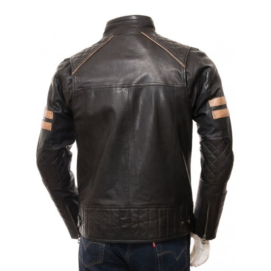 Men's Cafe Racer Striped Four Pockets Leather Biker Jacket