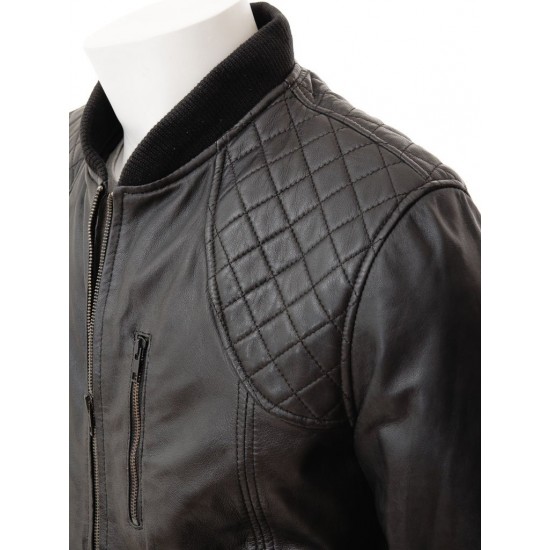 Men's Classic Quilted Panel Leather Bomber Jacket