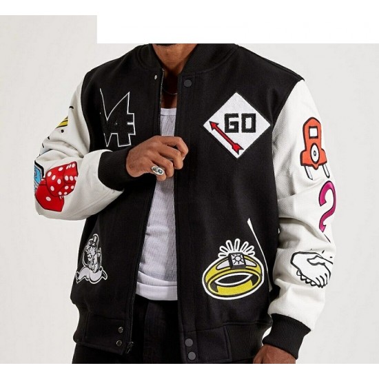 Men's Embroidered Monopoly Patches Black Varsity Jacket