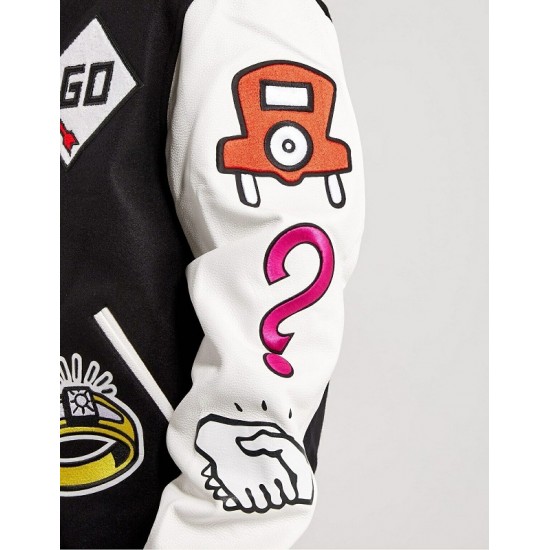 Men's Embroidered Monopoly Patches Black Varsity Jacket