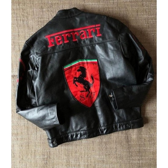 Men's Ferrari Black Motorcycle Leather Moto Racer Jacket