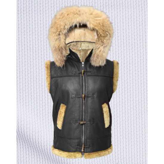 Men's Hooded B3 Aviator Fur Shearling RAF Leather Vest