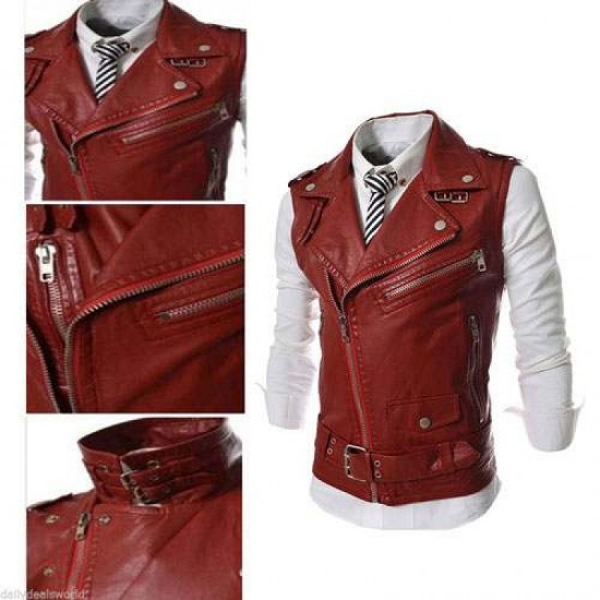 Men's Leather Biker Vest Sleeveless Motorcycle Slim Jacket Casual Coat