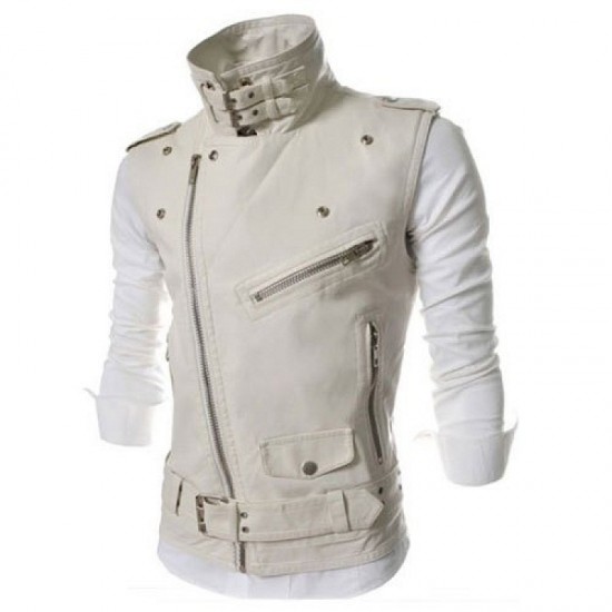 Men's Leather Biker Vest Sleeveless Motorcycle Slim Jacket Casual Coat