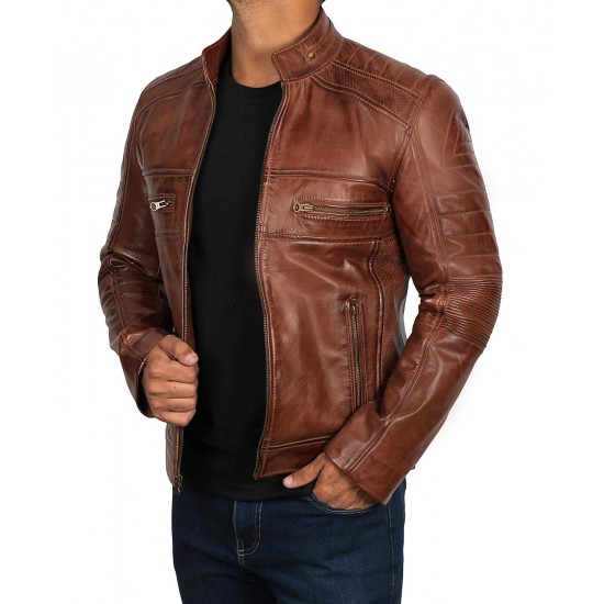 Men's Light Brown Genuine Lambskin Motorcycle Leather Jacket