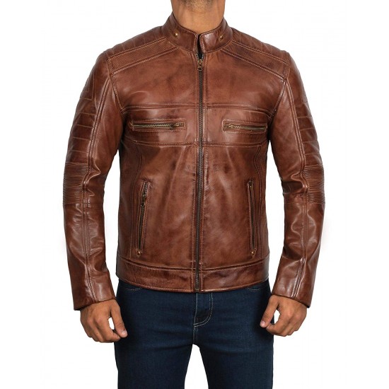 Men's Light Brown Genuine Lambskin Motorcycle Leather Jacket