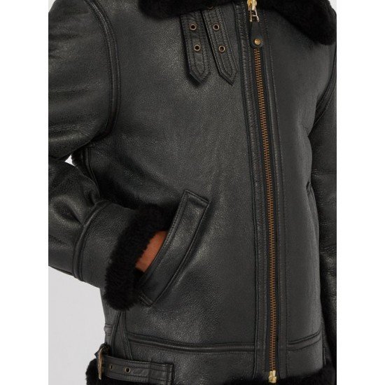 Men's Schot Aviator Faux Shearling Black Leather Jacket