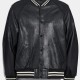 Men's Snap Tab Closure Black Leather Bomber Jacket