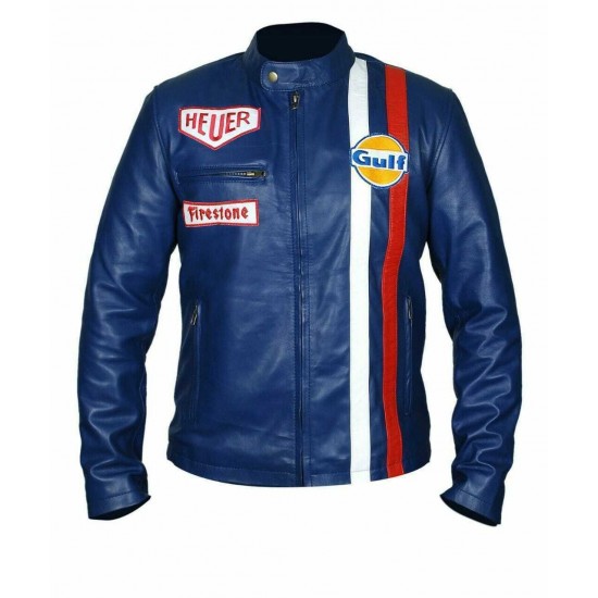 Men's Steve McQueen Le Mans Gulf Racing Blue Leather Jacket