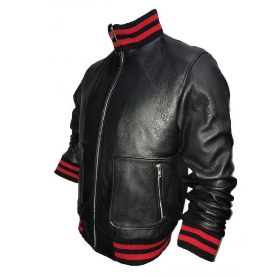 Men's Stylish Red And Black Stripes Leather Jacket