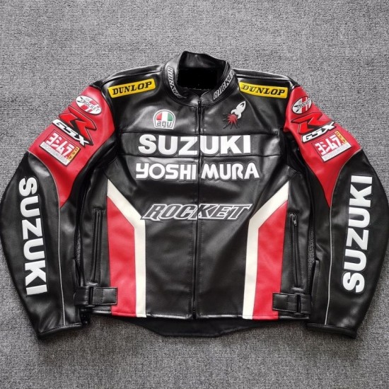 Men's Suzuki Black Motorcycle Leather Moto Racer Jacket