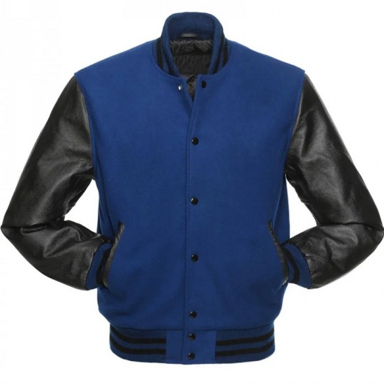 Men's Wool Blue and Black Leather Jacket