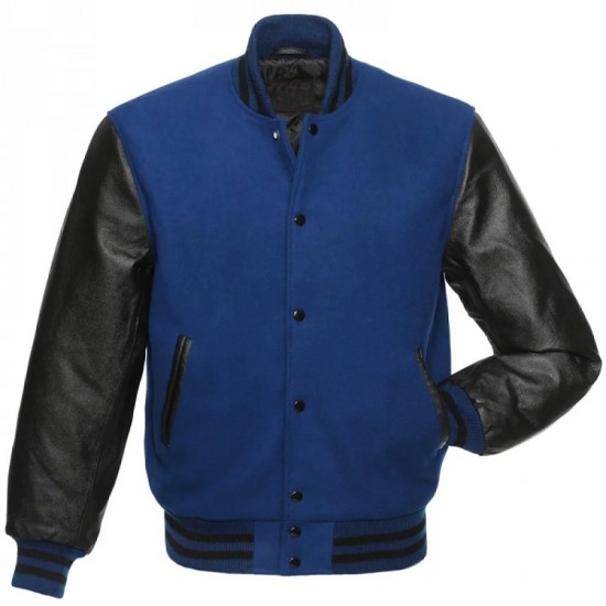 Men's Wool Blue and Black Leather Jacket