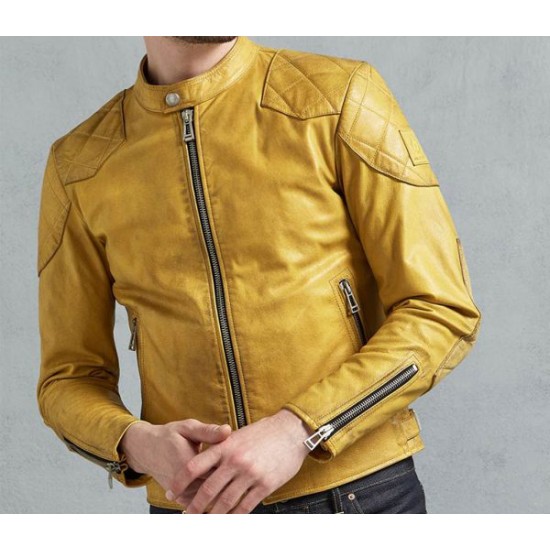 Men's Yellow Cafe Racer Leather Jacket