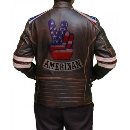 Mens American Flag Brown Leather Jacket