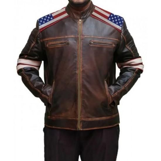 Mens American Flag Brown Leather Jacket