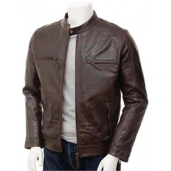 Mens Black And Brown Slimfit Stylish Classic Cafe Racer Tab Collar Real Leather Biker Jacket