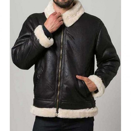 Mens Black Aviator Faux Shearling Leather Jacket