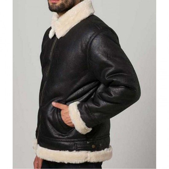 Mens Black Aviator Faux Shearling Leather Jacket