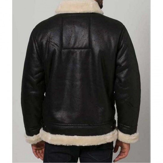 Mens Black Aviator Faux Shearling Leather Jacket