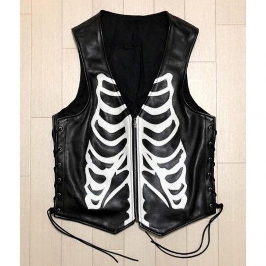 Mens Black Cowhide Skeleton Biker Vest