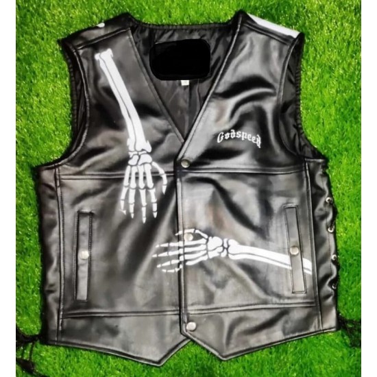 Mens Black Cowhide Skeleton Leather Biker Vest