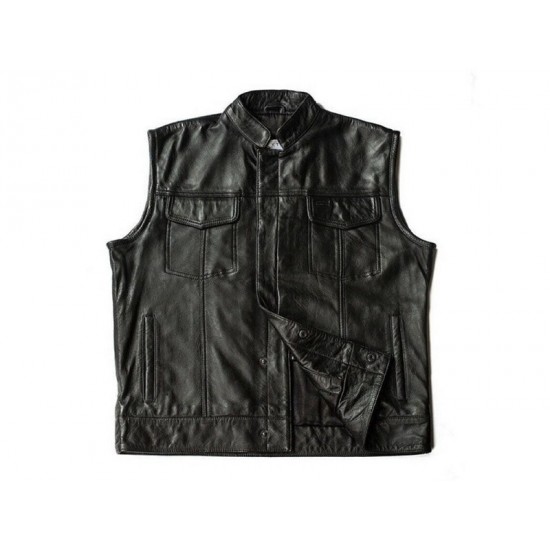 Mens Black Genuine Leather Biker Moto Vest