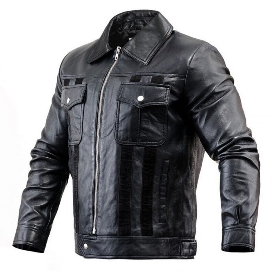 Mens Black Leather Jacket With Suede Stripes