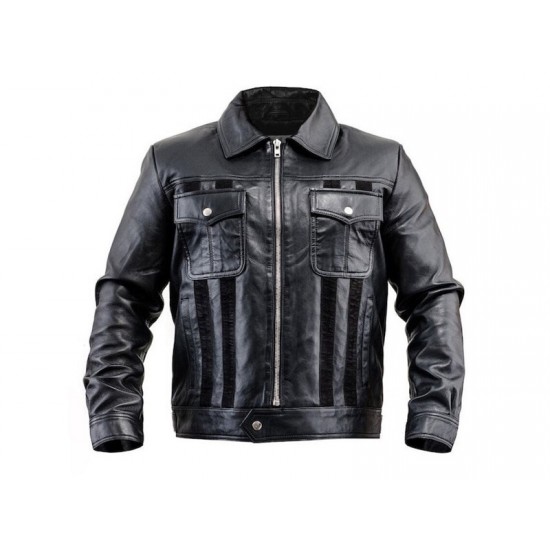 Mens Black Leather Jacket With Suede Stripes