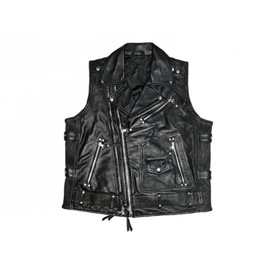 Mens Black Moto Biker Genuine Leather Vest