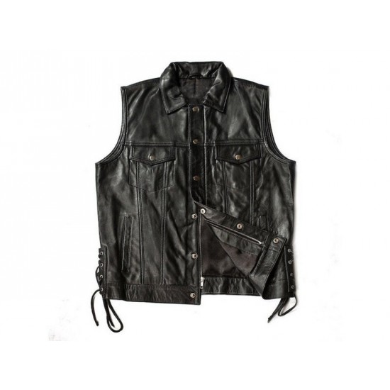 Mens Black Side Laces Motorcycle Leather Vest