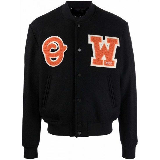 Mens Black W logo patch varsity jacket