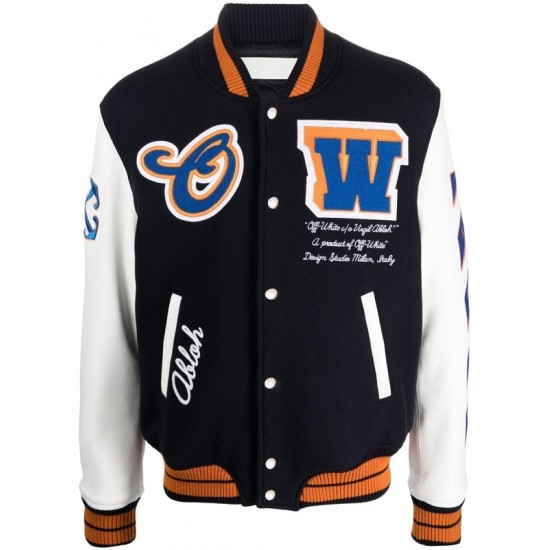 Mens Black With White W logo patch varsity jacket