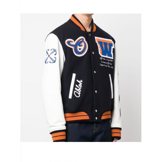 Mens Black With White W logo patch varsity jacket