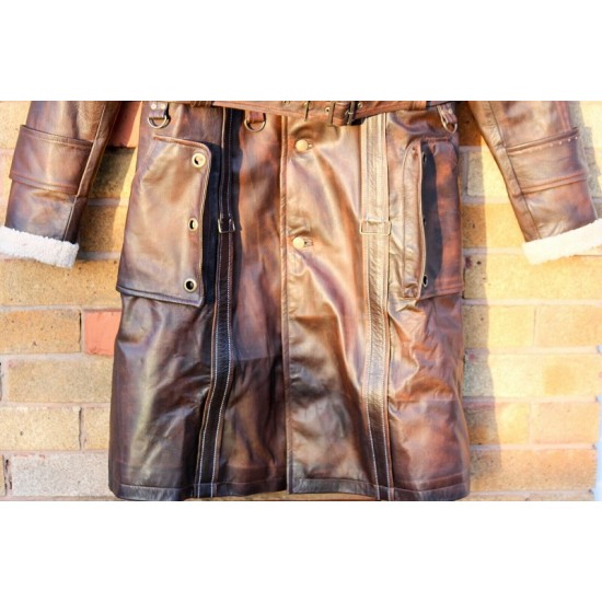 Mens Brown Shearling Distressed Brown Faux Fur Leather Long Winter Coat