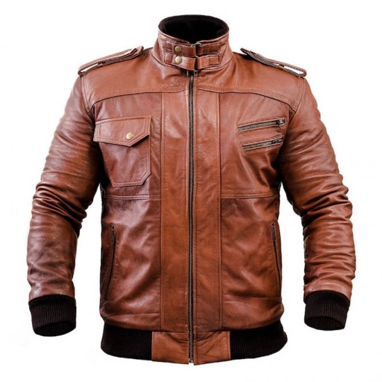 Mens Brown Winter Hooded Leather Bomber Jacket