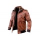 Mens Brown Winter Hooded Leather Bomber Jacket