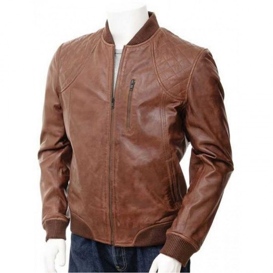 Mens Classic Quilted Panel Real Leather Bomber Jacket