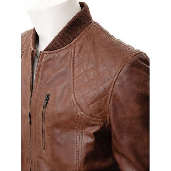 Mens Classic Quilted Panel Real Leather Bomber Jacket