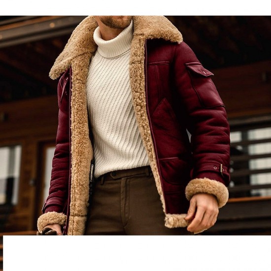 Mens Faux Fur Shearling Aviator Bomber Jacket