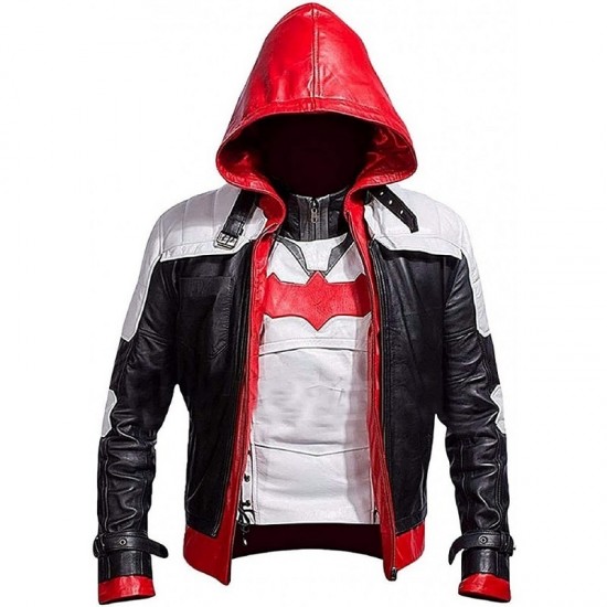 Mens Jason Todd Red Hood Arkham Bat Logo Cosplay Costume Biker Jacket