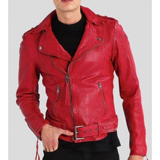 Mens Red Biker Style Cafe Racer Lambskin Leather Jacket