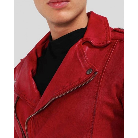 Mens Red Biker Style Cafe Racer Lambskin Leather Jacket