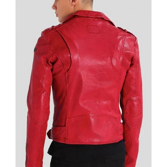 Mens Red Biker Style Cafe Racer Lambskin Leather Jacket