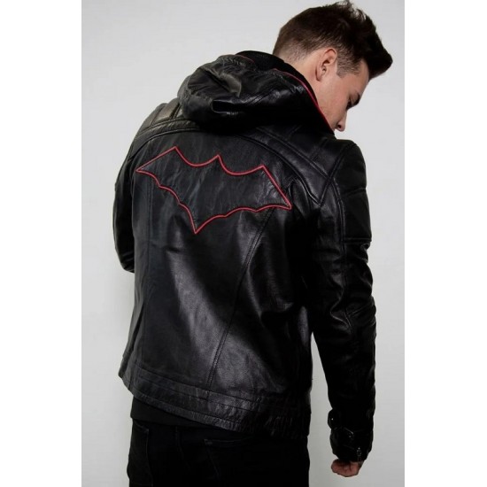 Mens Red Hood Black Leather Costume Jacket