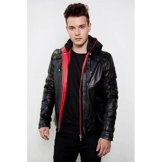 Mens Red Hood Black Leather Costume Jacket