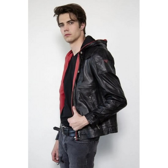 Mens Red Hood Black Leather Costume Jacket