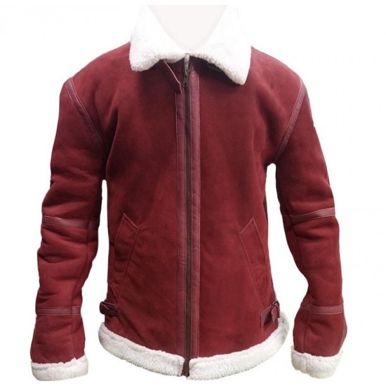 Mens Red Suede Leather Faux Fur Shearling Winter Christmas Jacket