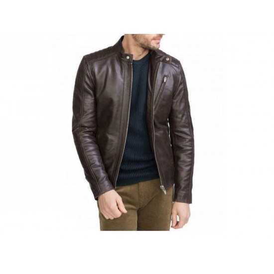 Mens Slim Fit Cafe Racer Brown Leather Jacket