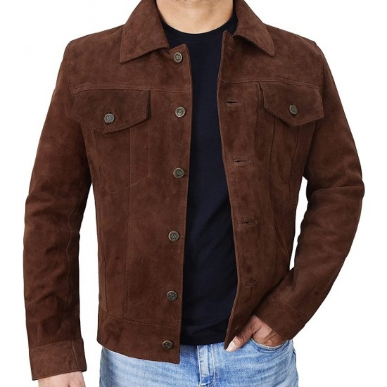 Mens Suede Leather Trucker Jacket - Classic Motorcycle Western Goat Leather Coat